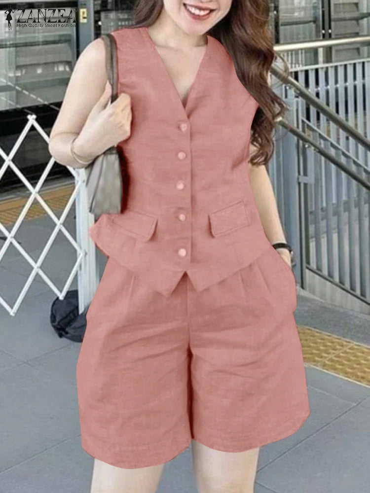 Women Sleeveless Vest Top And Pants Two Piece Office Suit Set