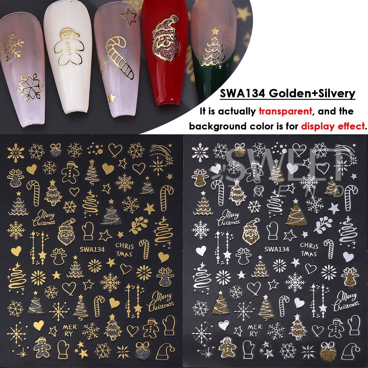 2pcs Gold Silver Christmas 3D Nail Stickers Reflective Glitter Xmas Tree Gingerbread Snowflakes Adhesive Decals Winter Manicure