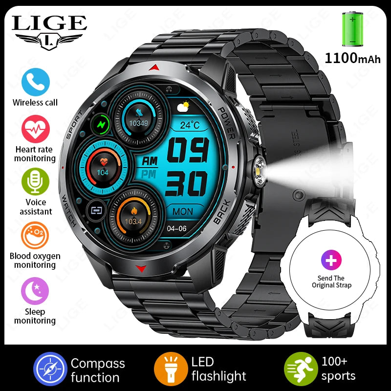 LIGE Men Smart Watch 1100mAh Large Battery 3ATM Waterproof Bluetooth Call Heart Rate Sleep Monitor Flashlight Sports Smartwatch