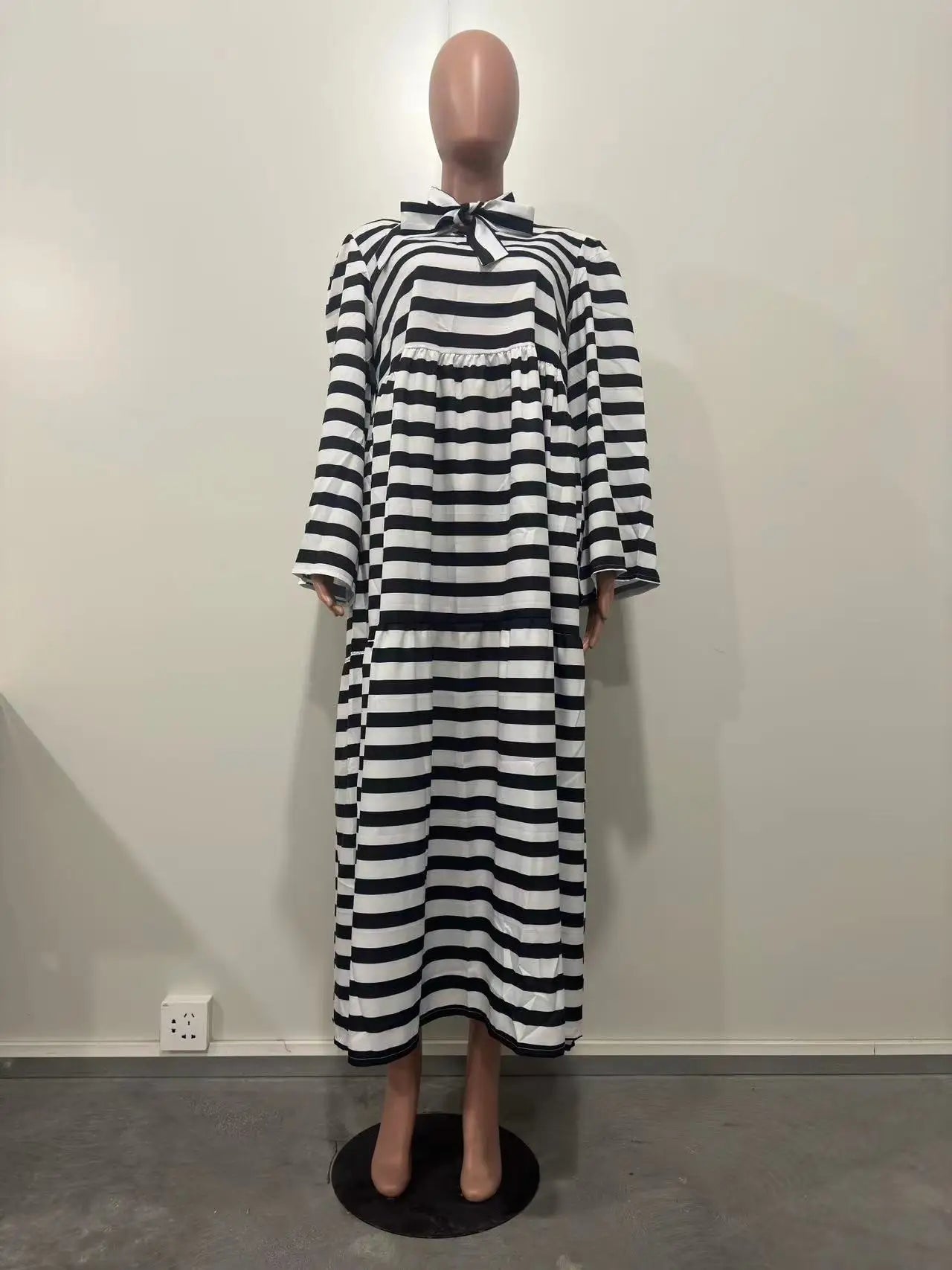 Vintage Women Striped Bowknot Collar Long Sleeve High Waist Big Swing Babydoll Maxi Long Dress New Vestidos Dresses