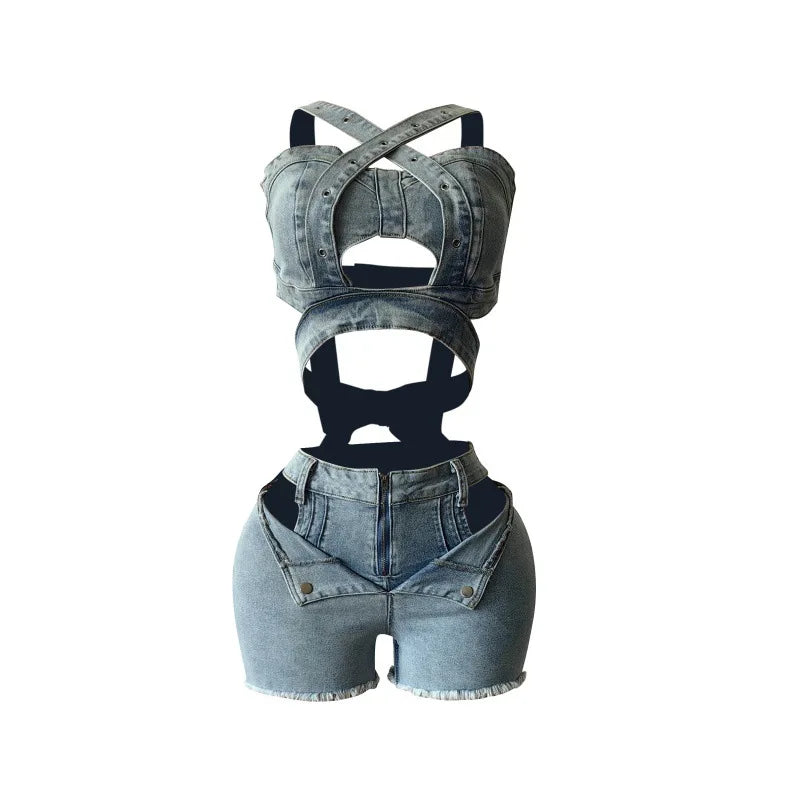 Sexy Holiday Denim Women's Set Halter Neck Crop Tops and Ripped Out Shorts Jeans 2025 Summer Two 2 Piece Sets Outfit