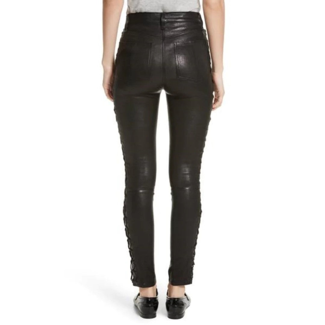 Leather Pants Women With Side Lace Design Slim Fit