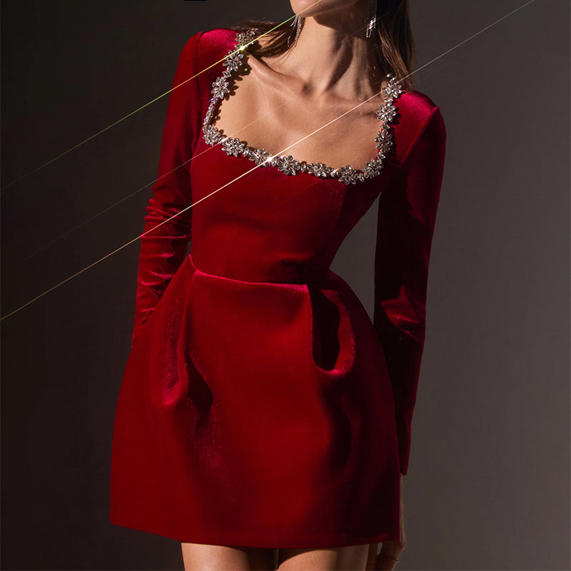 Women’s Long Sleeve Mini Dress with Embellished Neckline