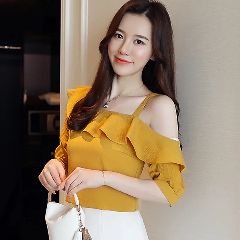 Women Short Sleeve Chiffon Off Shoulder Blouse