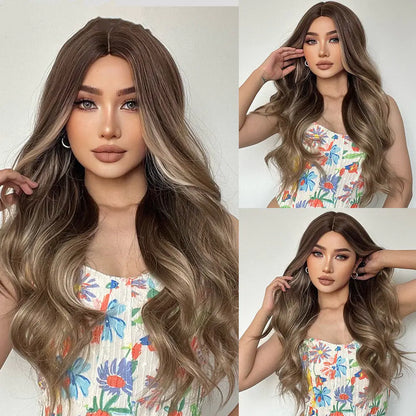 Medium Gradient Gray and Brown Long Curly Wig