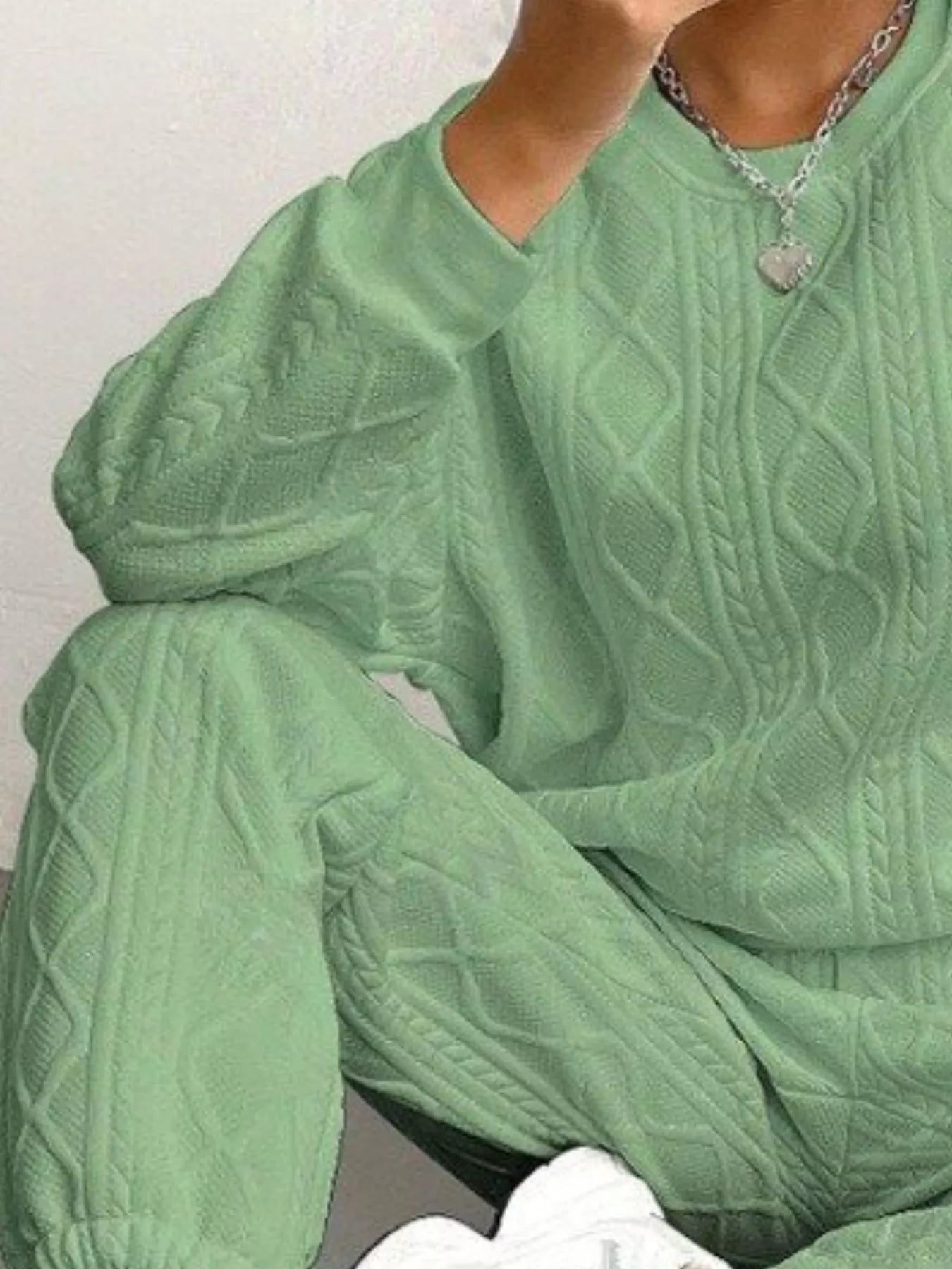 Texture Round Neck Top and Pants Set