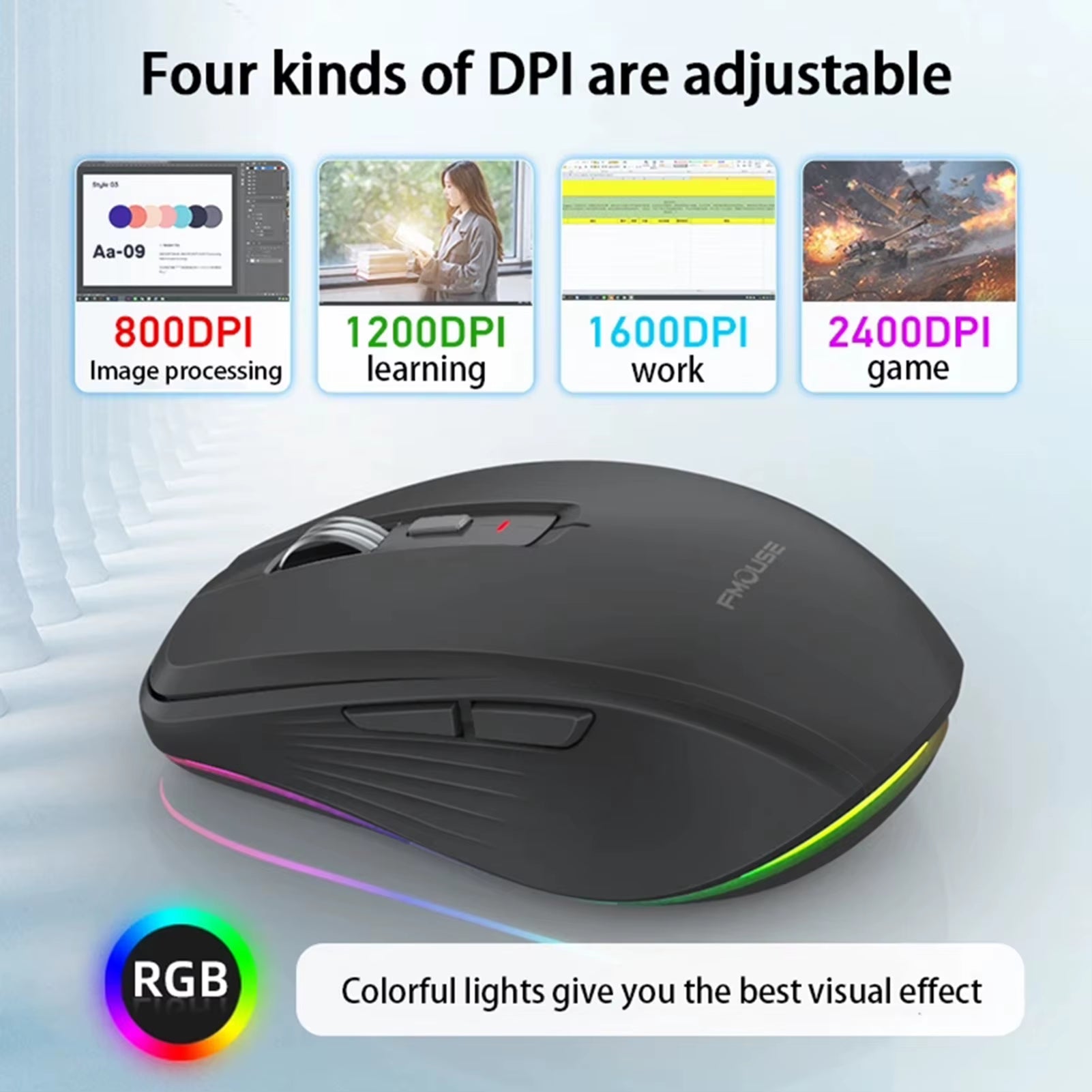 Dual-Mode Wireless Mouse USB2.4G+BT5.1 Type-C Rechargeable Gaming Mouse Ergonomic Design 2400 DPI with RGB Light Mice