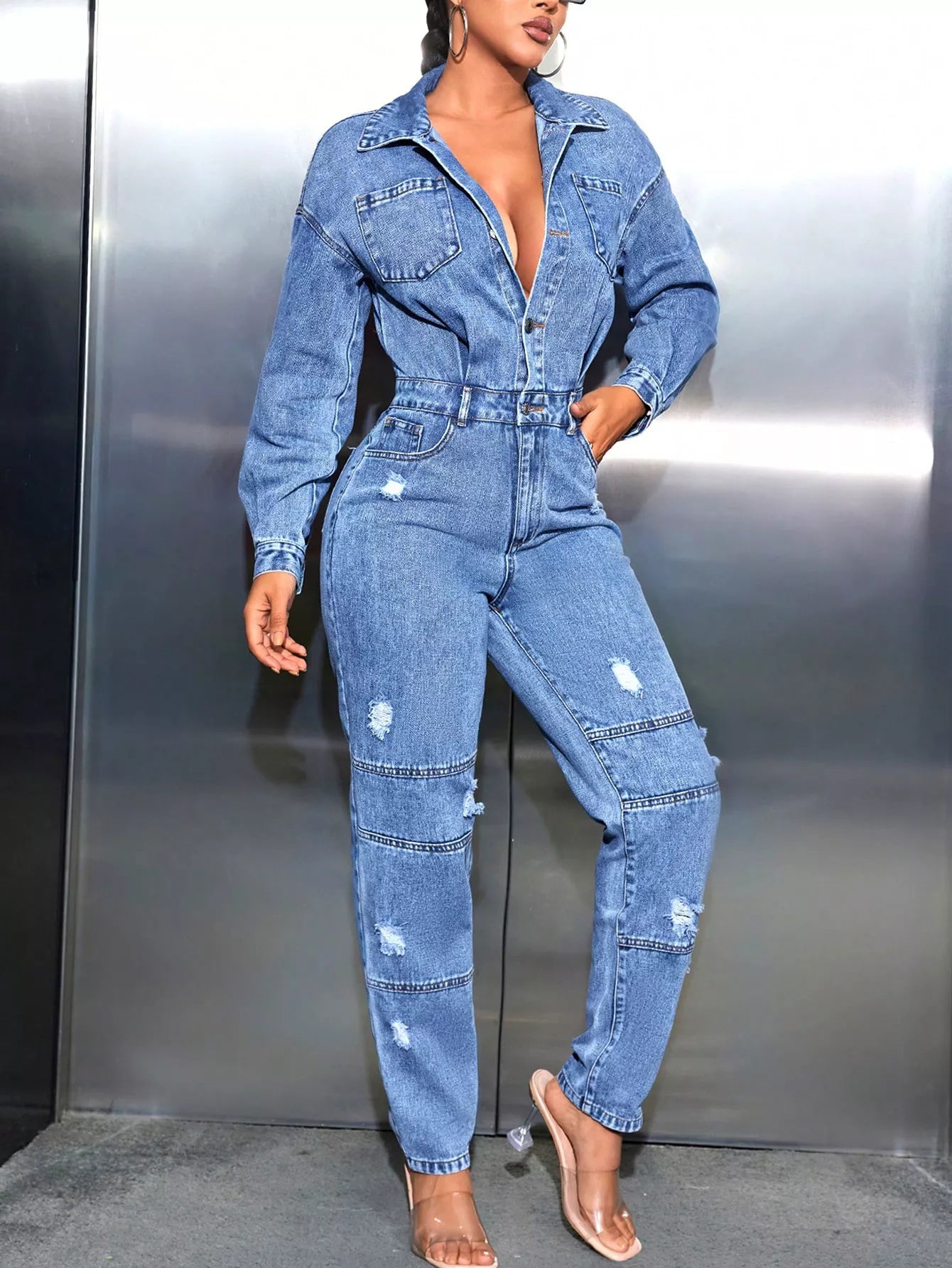 Distressed Long Sleeve Denim Jumpsuit