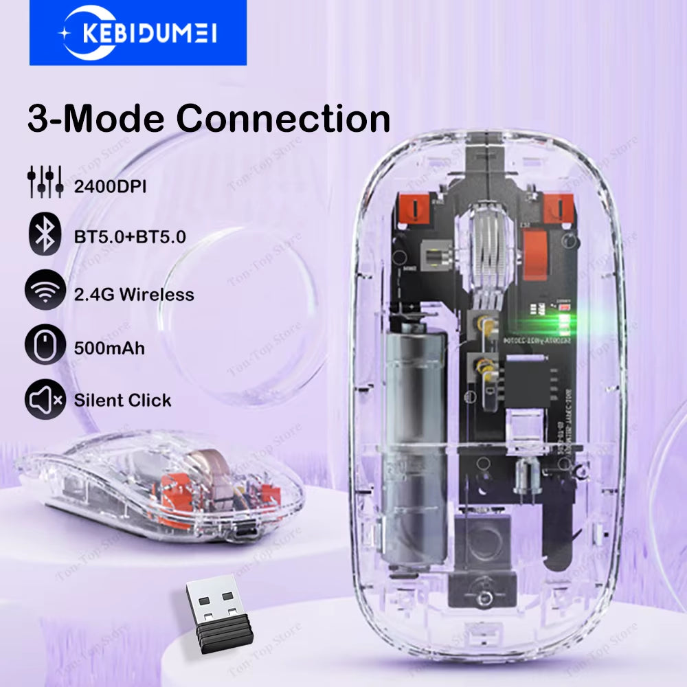 Dual Bluetooth 5.0 Mouse 2.4G Wireless Mouse Transparent 2400DPI Gaming Mouse 500Mah Rechargeable Silent Mouse for Laptop Tablet