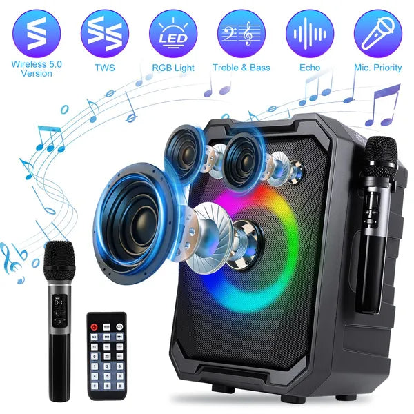 Portable Wireless Party Speaker With LED Light & 2 Wireless Mics - Remote Control