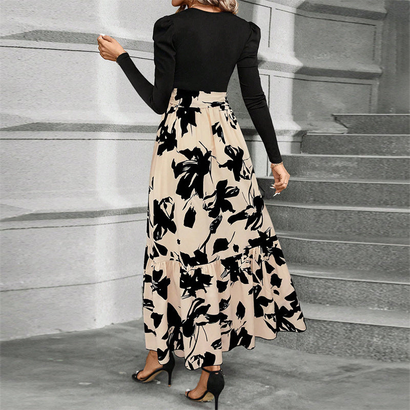 NEW Women's Round Neck Long Sleeve Dress, Patchwork Print & Pleated Maxi Dress With Waist Bow For Spring & Fall