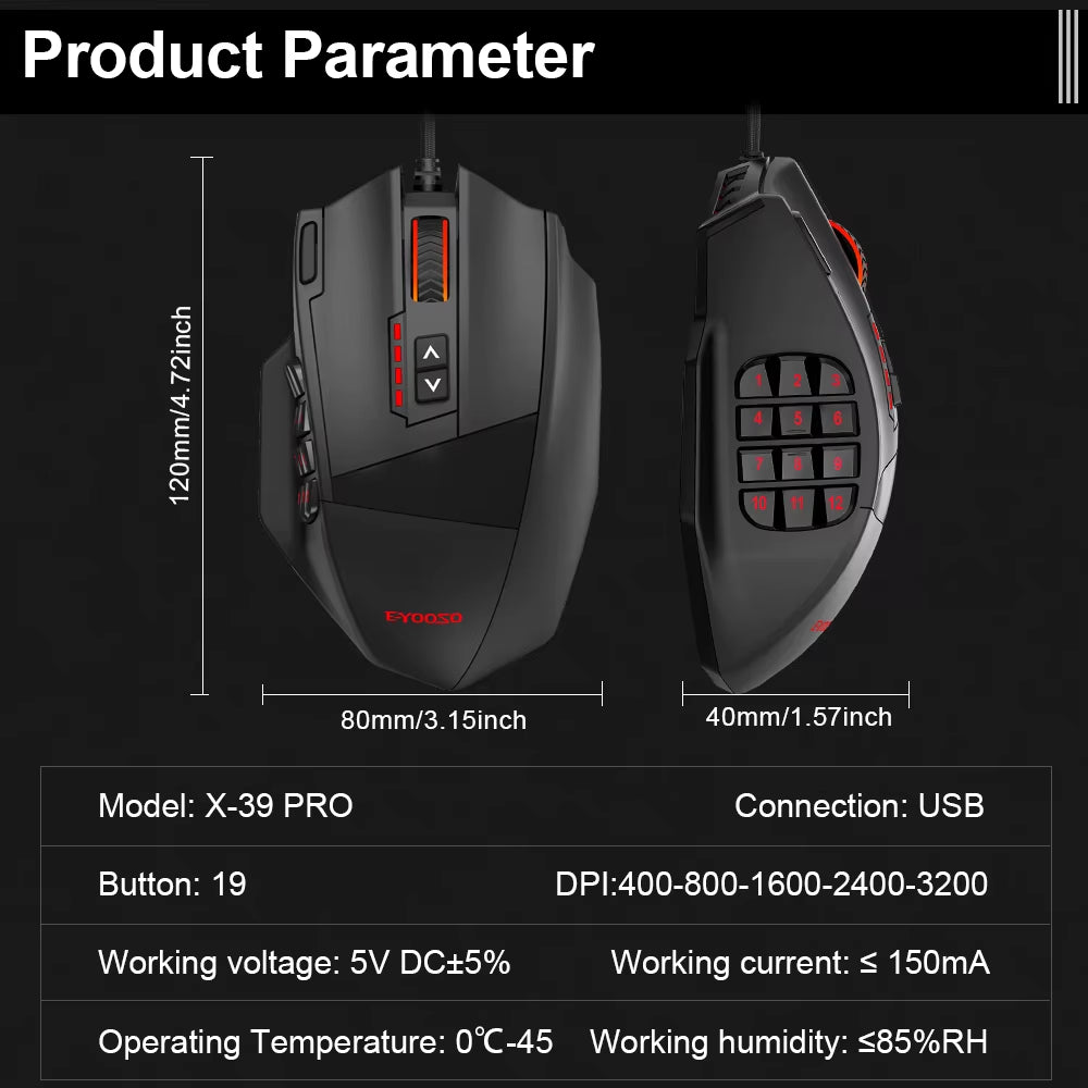X-39 USB Wired RGB Gaming Mouse 24000 DPI SG8960 19 Buttons Programmable Game Optical Mice for Computer PC Laptop