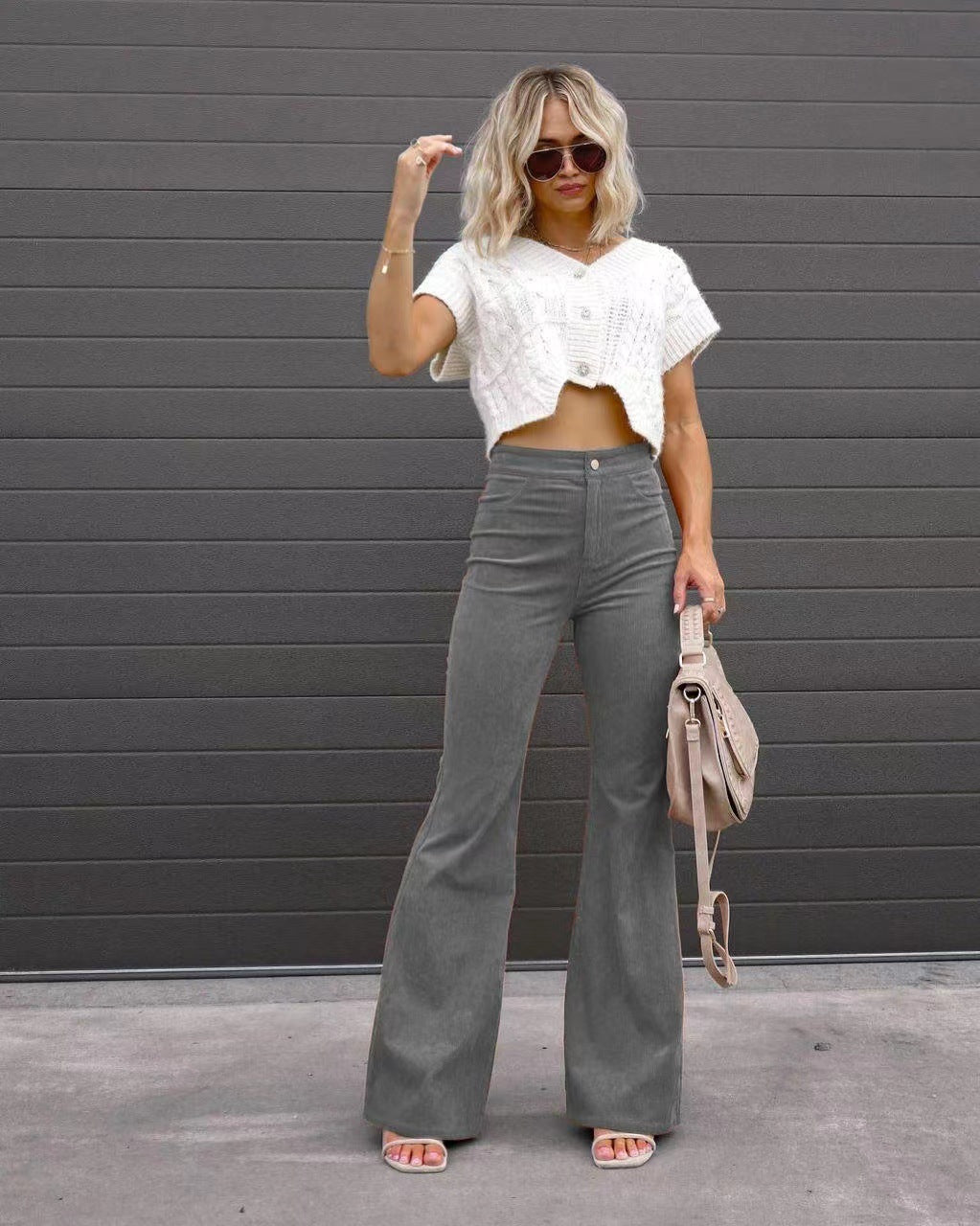Women Corduroy Flared Pants Mid-Waist Slim Fit Bell-Bottom Trousers