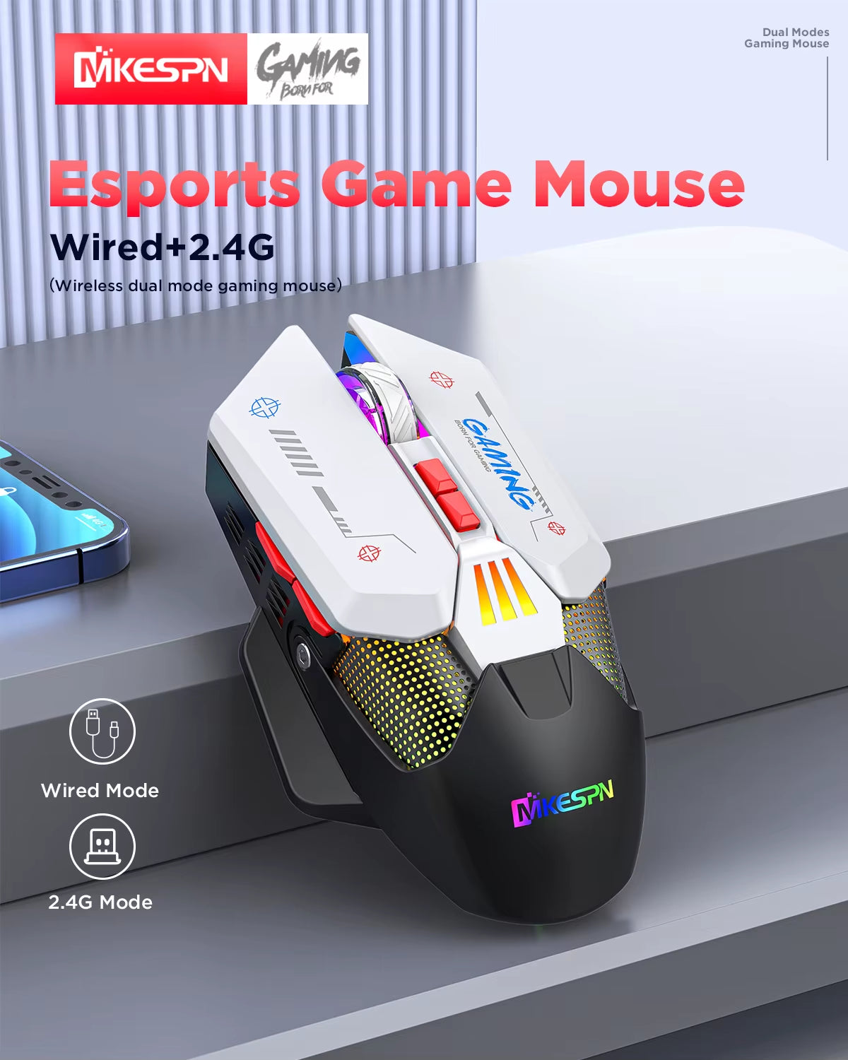 Wireless 2.4G Dual Modes Mouse 10000DPI Macro RGB Gaming Mouse 450Mah Programmable Keys Rechargeable Game Mouse