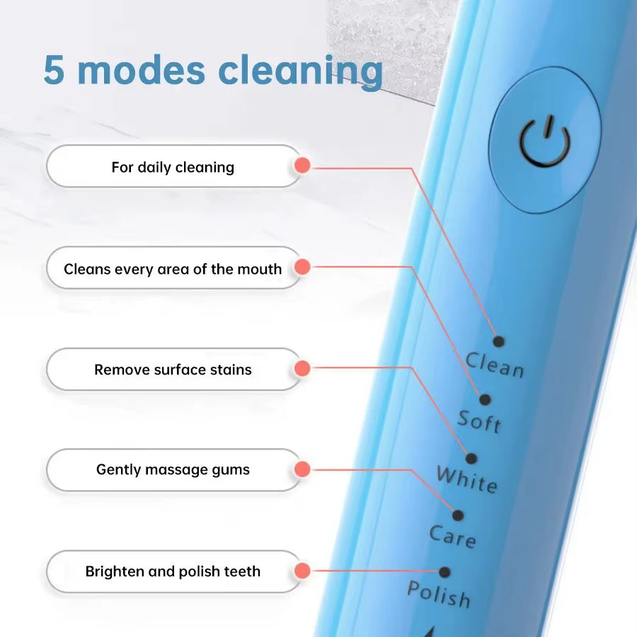 Sonic Whitening Toothbrush | USB Rechargeable, Waterproof Electronic with 4x Brush Heads