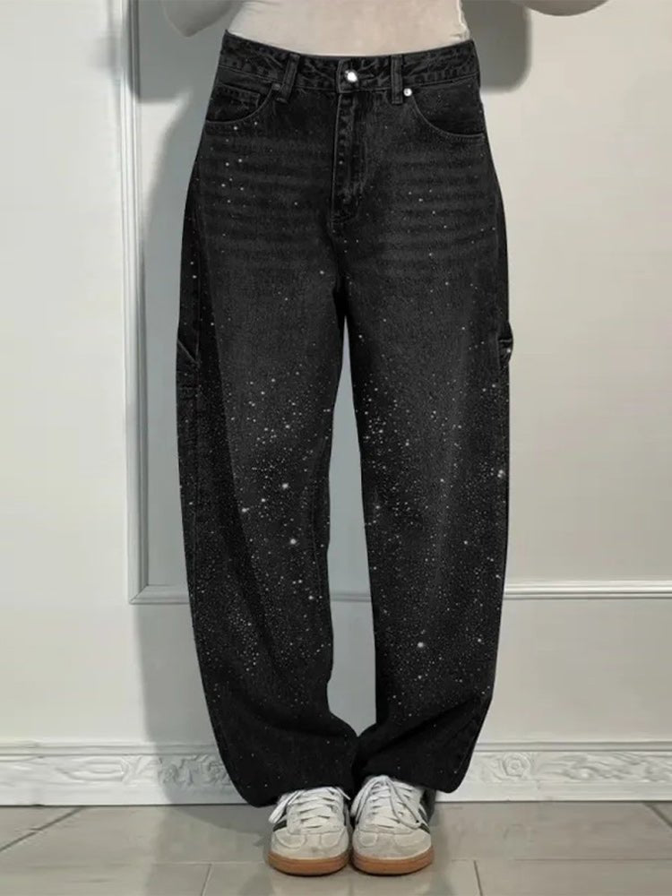 Crystal-Embellished Wide Leg Jeans – 90s Revival Denim