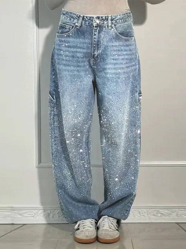 Crystal-Embellished Wide Leg Jeans – 90s Revival Denim