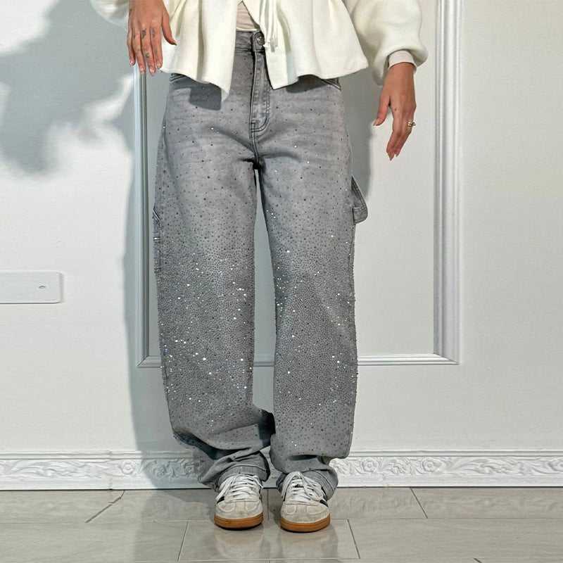 Crystal-Embellished Wide Leg Jeans – 90s Revival Denim