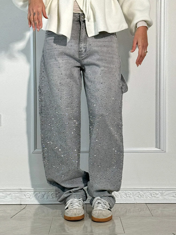 Crystal-Embellished Wide Leg Jeans – 90s Revival Denim