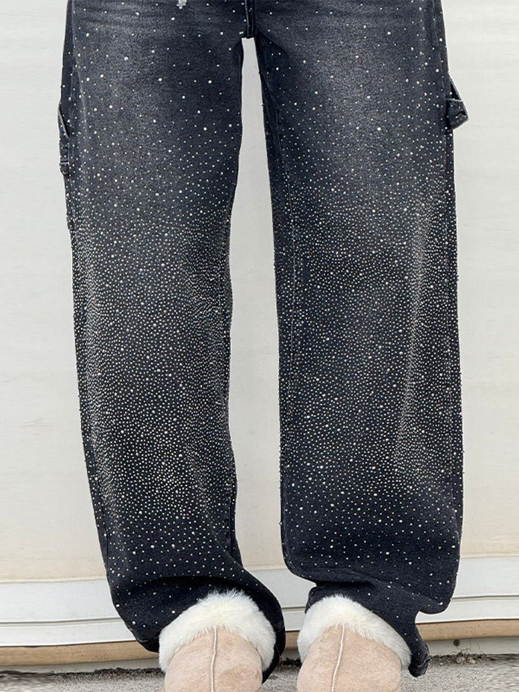 Crystal-Embellished Wide Leg Jeans – 90s Revival Denim