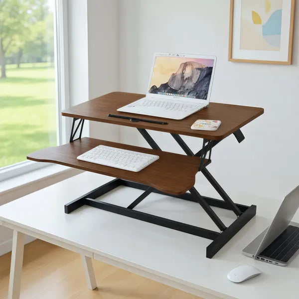 32 Inch Desk Converter, Height Adjustable Sit To Stand Riser, Dual Monitor And Laptop Workstation With Wide Keyboard Tray, Walnut Color