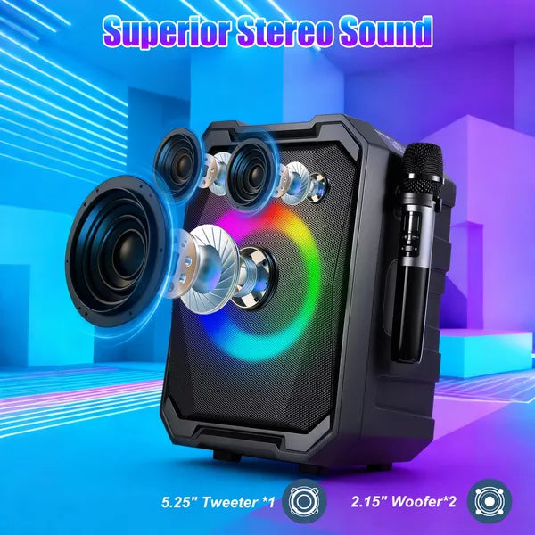 Portable Wireless Party Speaker With LED Light & 2 Wireless Mics - Remote Control
