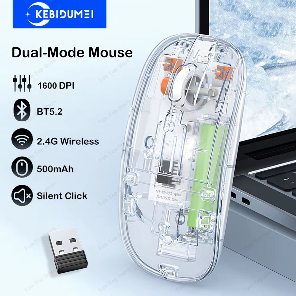 Dual Mode Bluetooth 5.2 Mouse 2.4G Wireless Mouse 500Mah Rechargeable Transparent Mouse 1600DPI Office Silent Mouse for Laptop