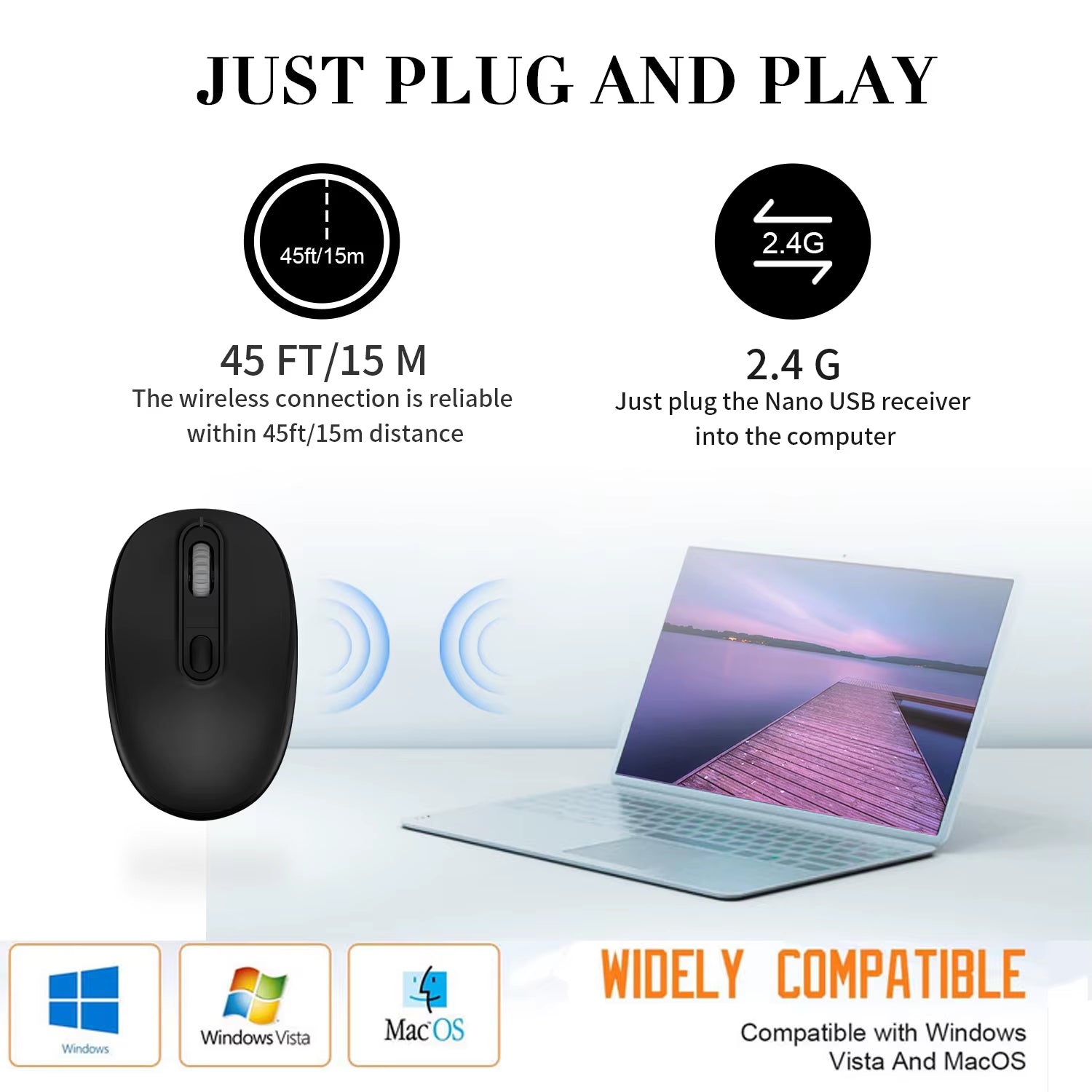 USB Wireless Silent Mouse Computer Mouse 1600DPI Adjustable Ergonomic Optical Mouse Wireless Mouse for Mac PC Laptop