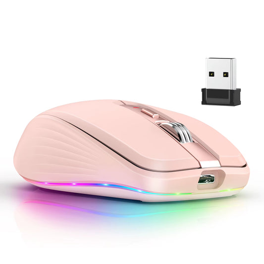 Dual-Mode Wireless Mouse USB2.4G+BT5.1 Type-C Rechargeable Gaming Mouse Ergonomic Design 2400 DPI with RGB Light Mice