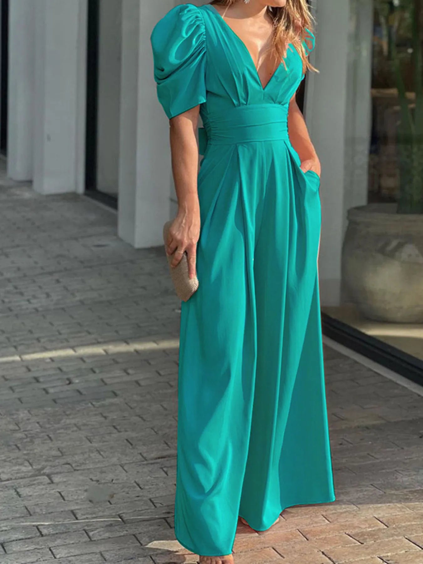 Full Size Cutout V-Neck Puff Sleeve Jumpsuit Plus Size