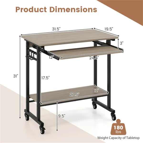 Gray Mobile Computer Desk With Keyboard Tray & Storage Shelf, 360 Lockable Casters For Home Office