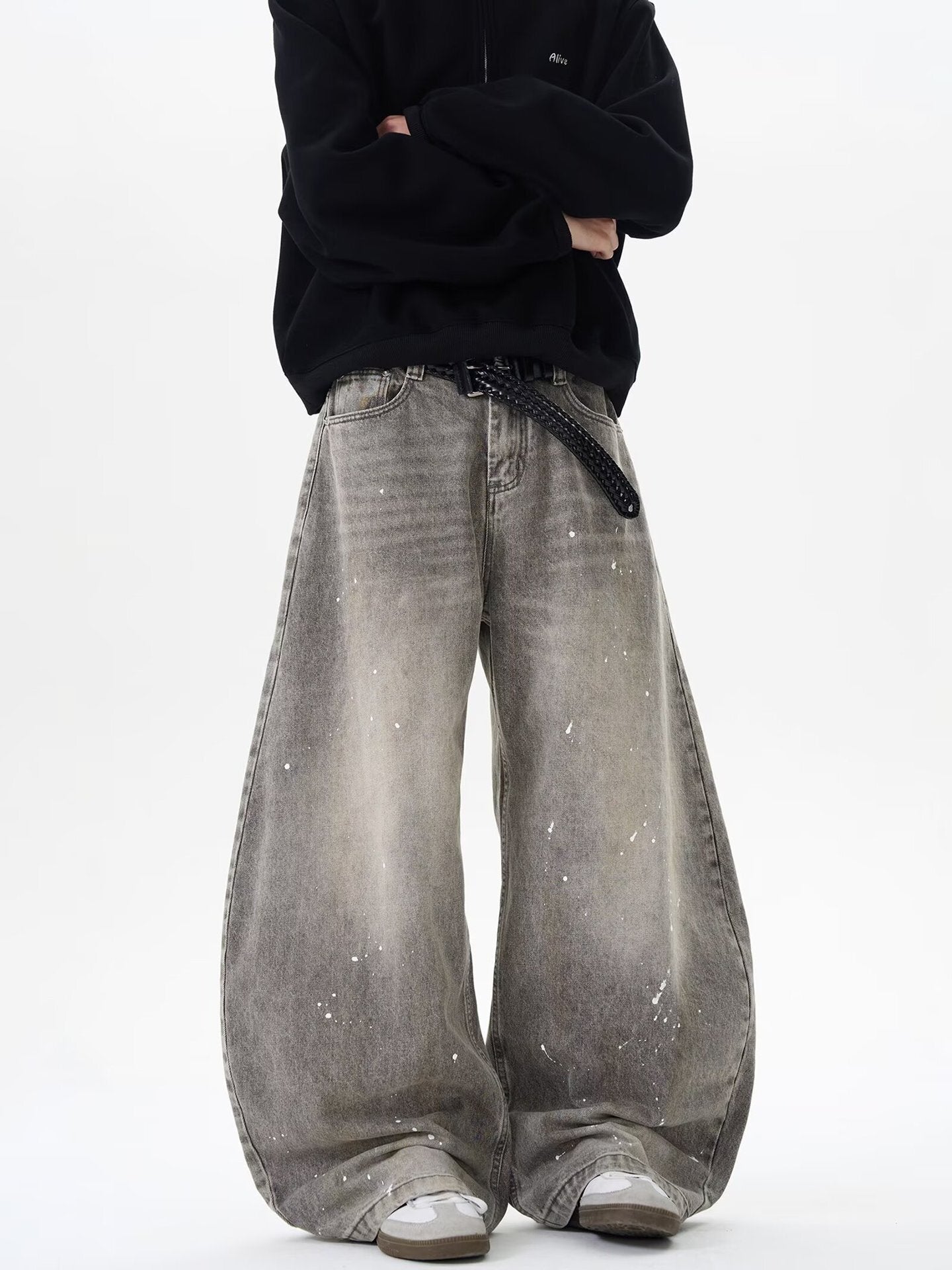 Grunge Paint-Splatter Wide-Leg Denim Pants