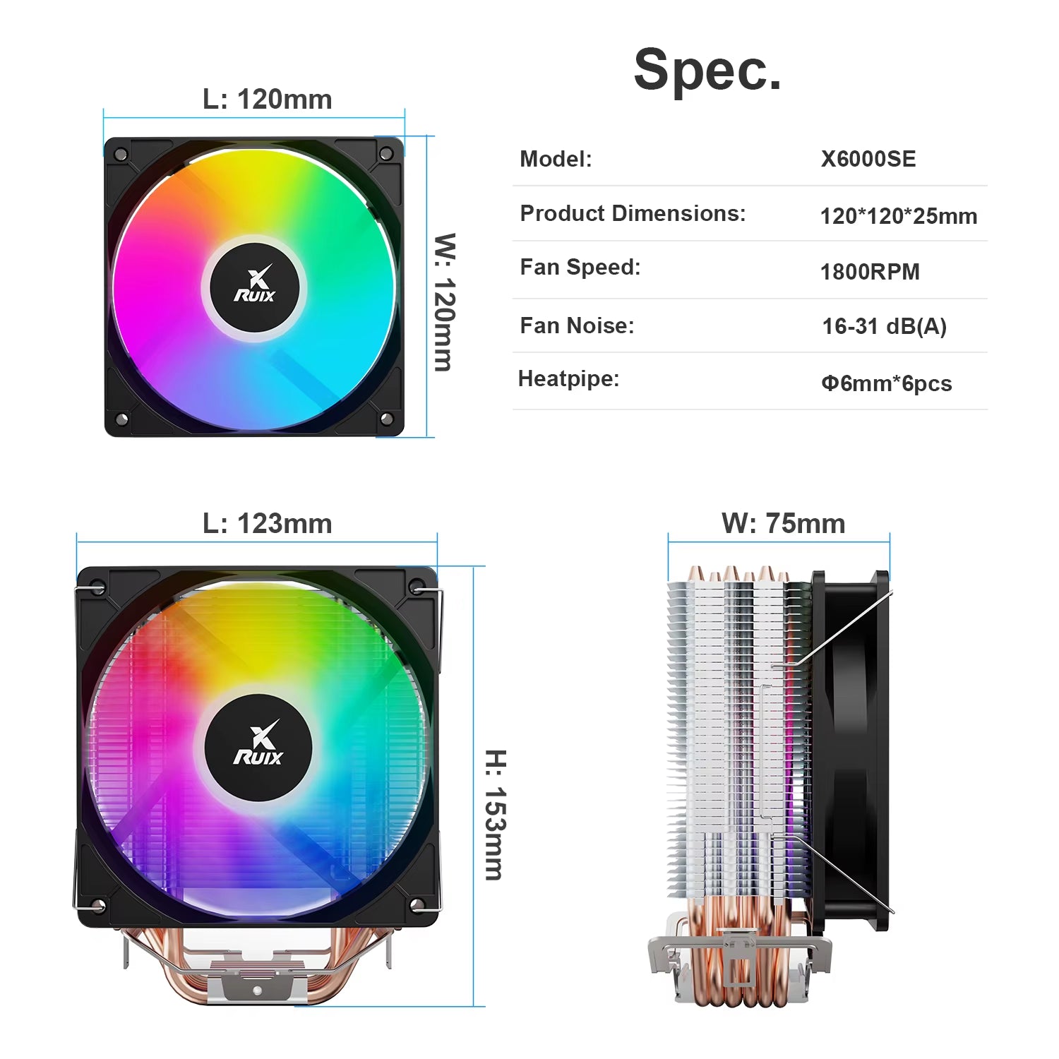 X6000 Pure Copper CPU Cooler 6 Heatpipes Rainbow RGB 120Mm Fan Aircooler All Platform Intel 1150 1155 1156 1700 AMD AM4 AM5