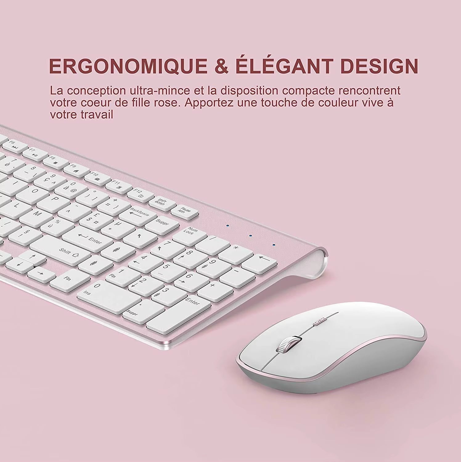 French Keyboard Wireless 2400DPI Mouse 2.4Ghz Ultra-Slim AZERTY Keyboard Mouse Set, Portable Silent Ergonomic- Pink/Silver