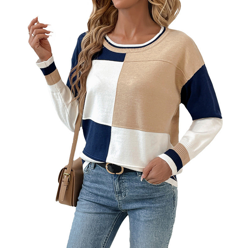 Casual Women's Round Neck Stitching Contrast Color Knitwear