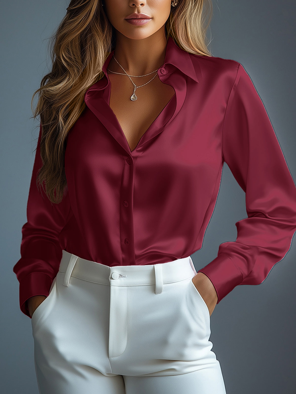 Elegant Plain Long Satin Shirts Sleeve Blouse