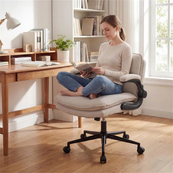 Criss Cross Chair With Flip-Up Arms, Faux Leather Cross Legged Office Chair With Adjustable Height & Rocking Function -Beige
