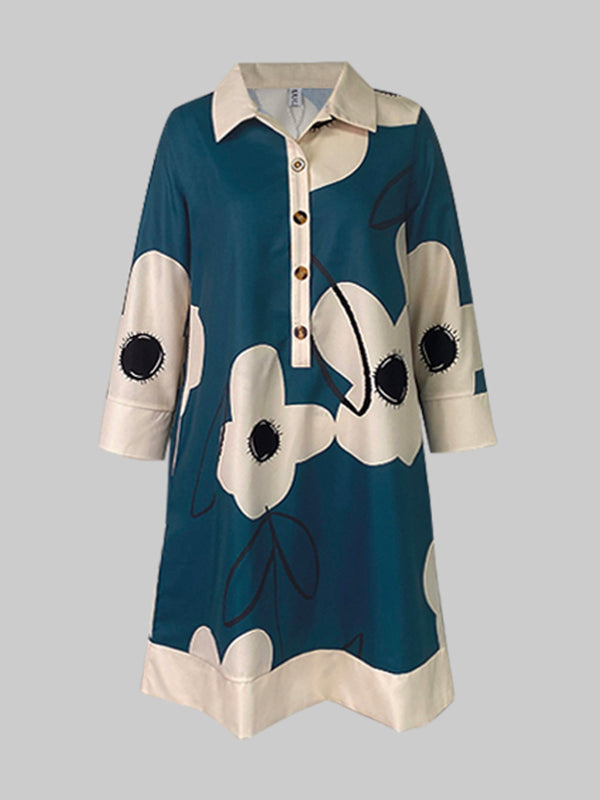 A-Line Loose Buttoned Flower Print Stand Collar Mini Dresses