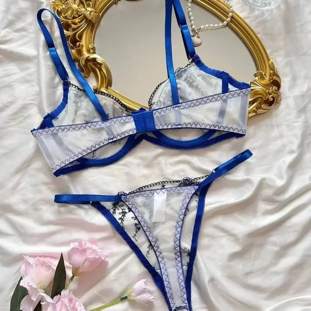 Floral Embroidered Mesh Lingerie Set