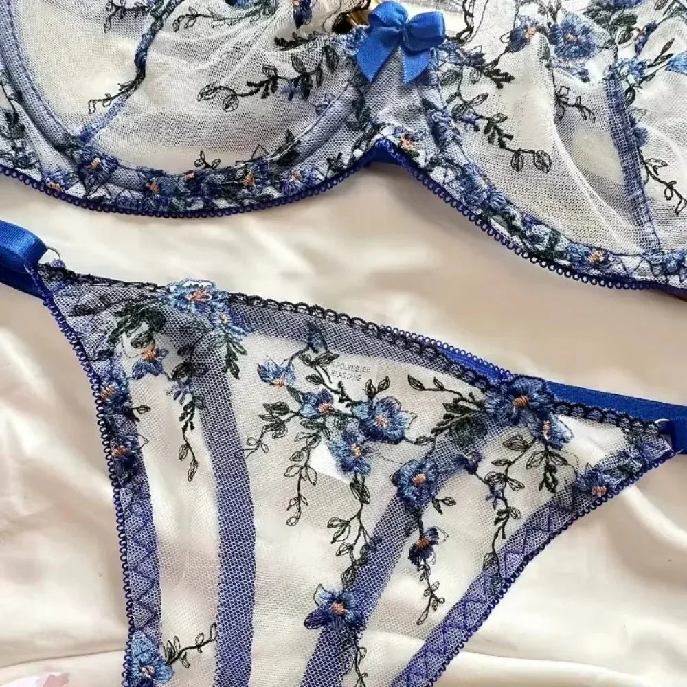 Floral Embroidered Mesh Lingerie Set