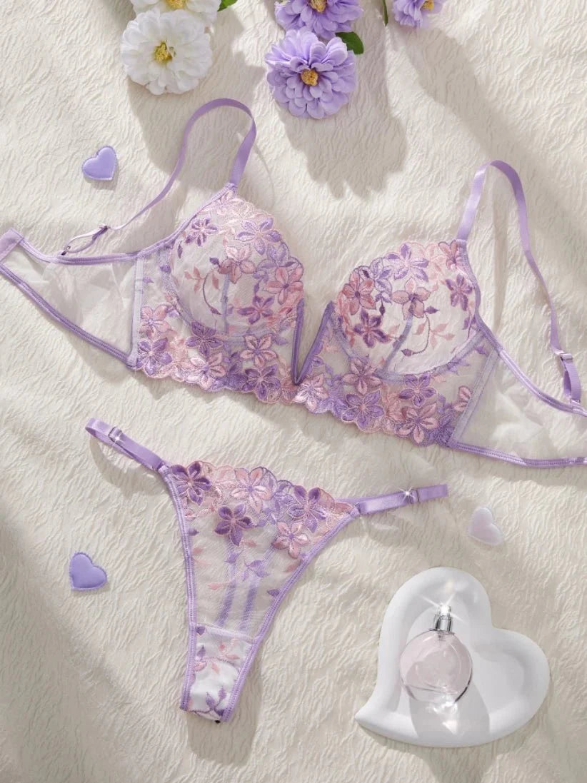 Floral Embroidered Mesh Lingerie Set