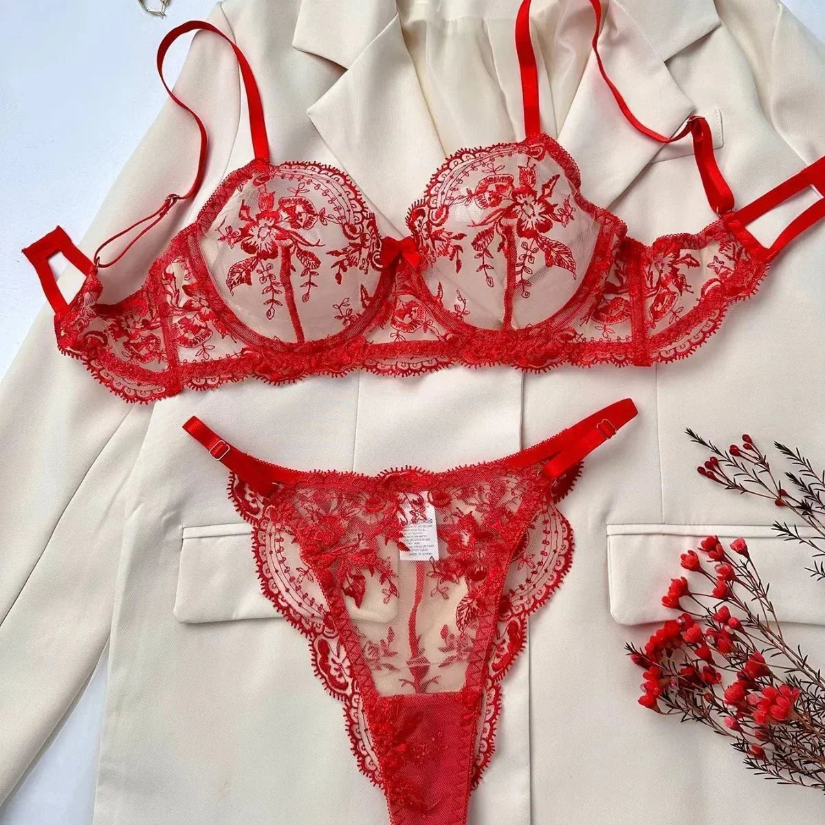 Floral Embroidered Mesh Lingerie Set