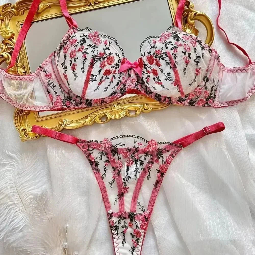 Floral Embroidered Mesh Lingerie Set