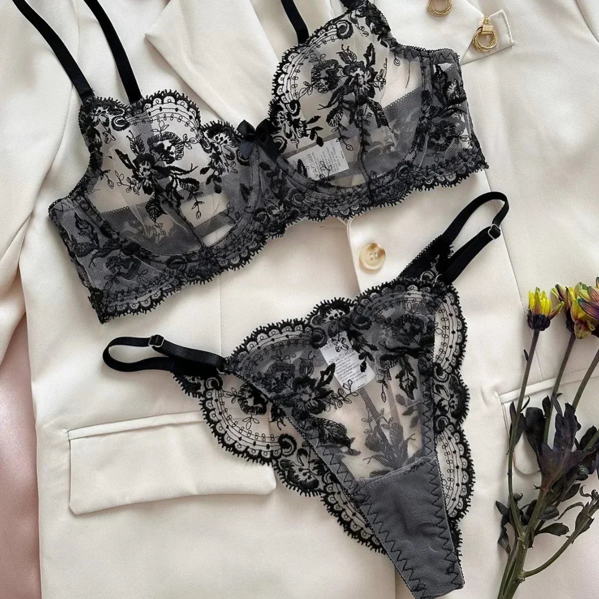 Floral Embroidered Mesh Lingerie Set