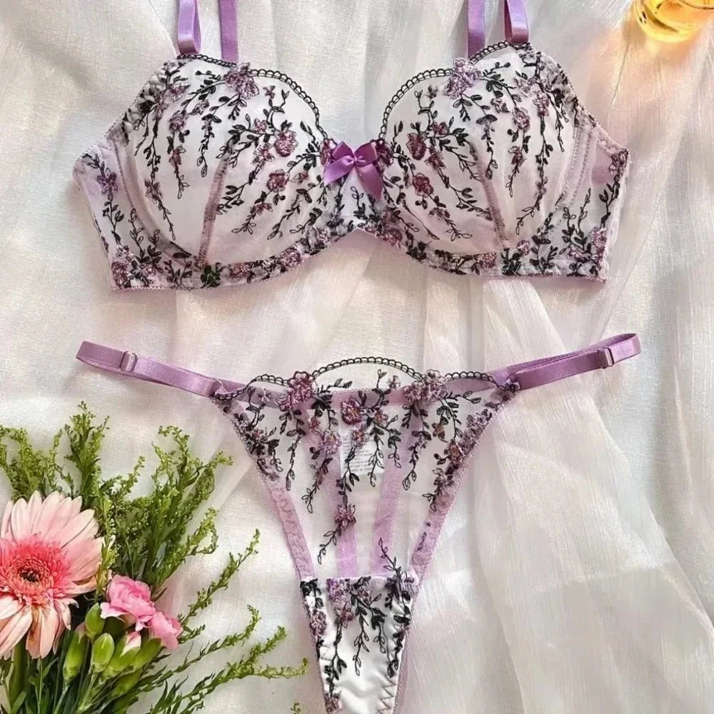 Floral Embroidered Mesh Lingerie Set