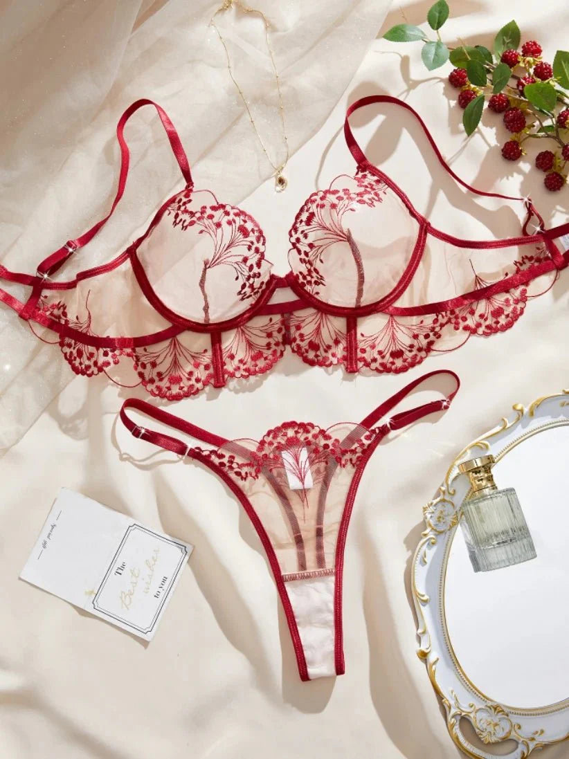 Floral Embroidered Mesh Lingerie Set