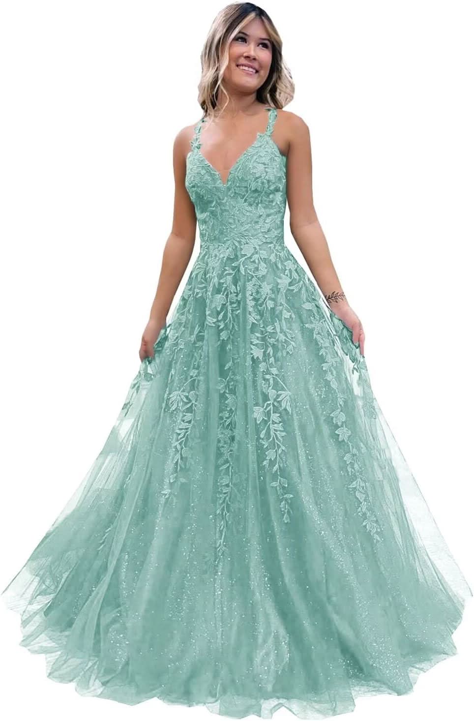 Tulle Lace Appliques Sparkly Prom Dresses A Line with Slit V Neck Formal Party Dress