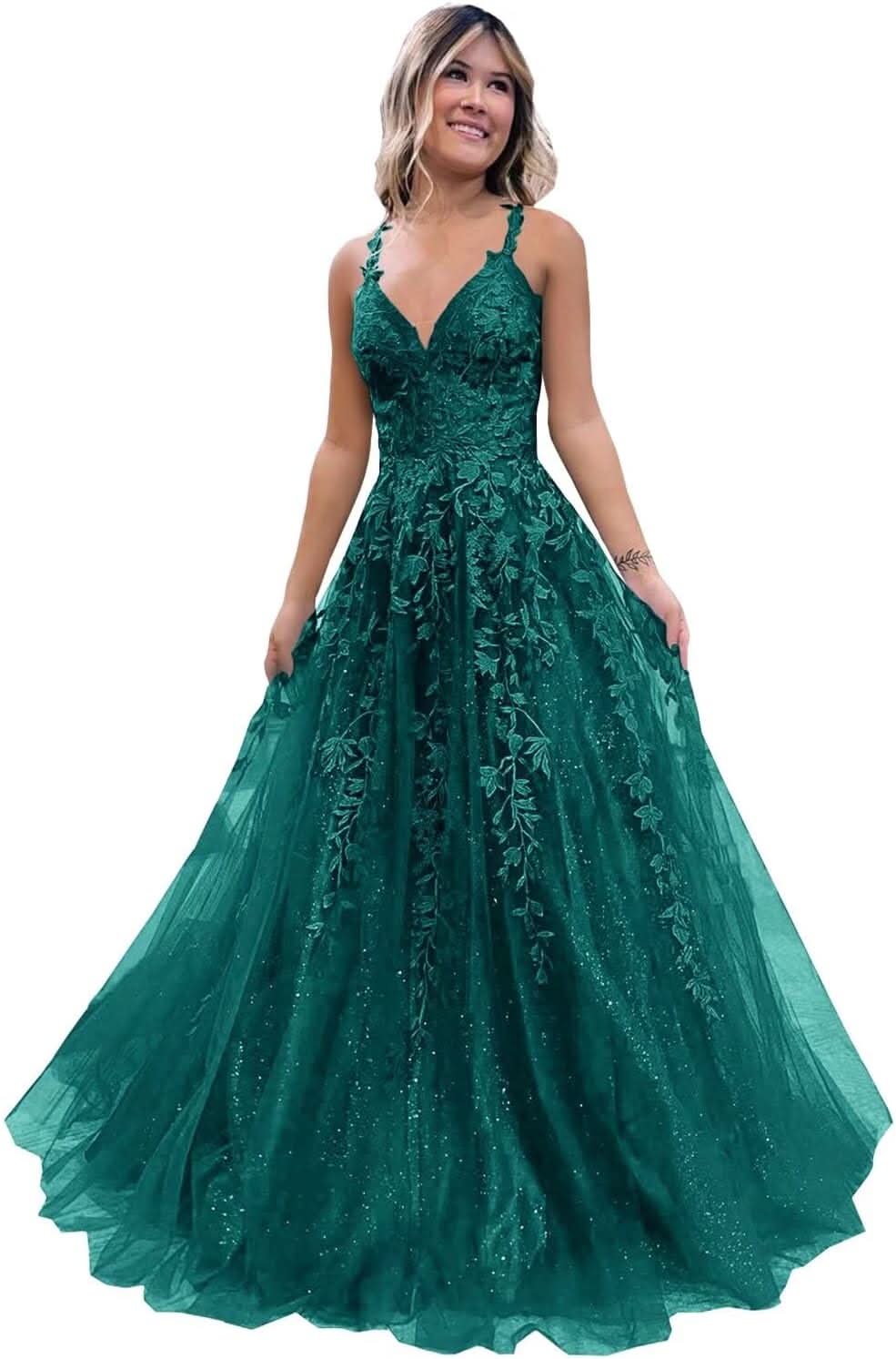 Tulle Lace Appliques Sparkly Prom Dresses A Line with Slit V Neck Formal Party Dress