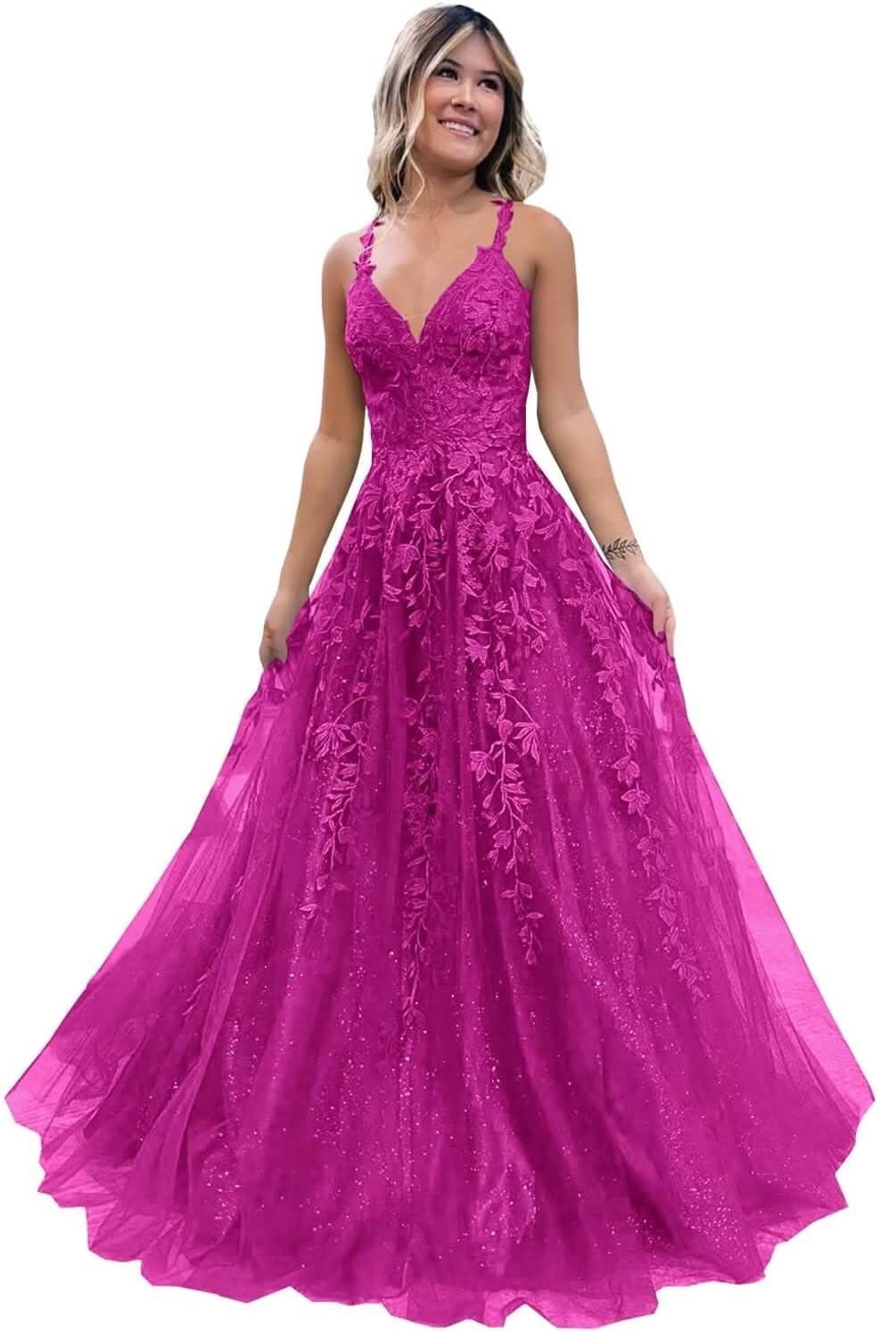Tulle Lace Appliques Sparkly Prom Dresses A Line with Slit V Neck Formal Party Dress