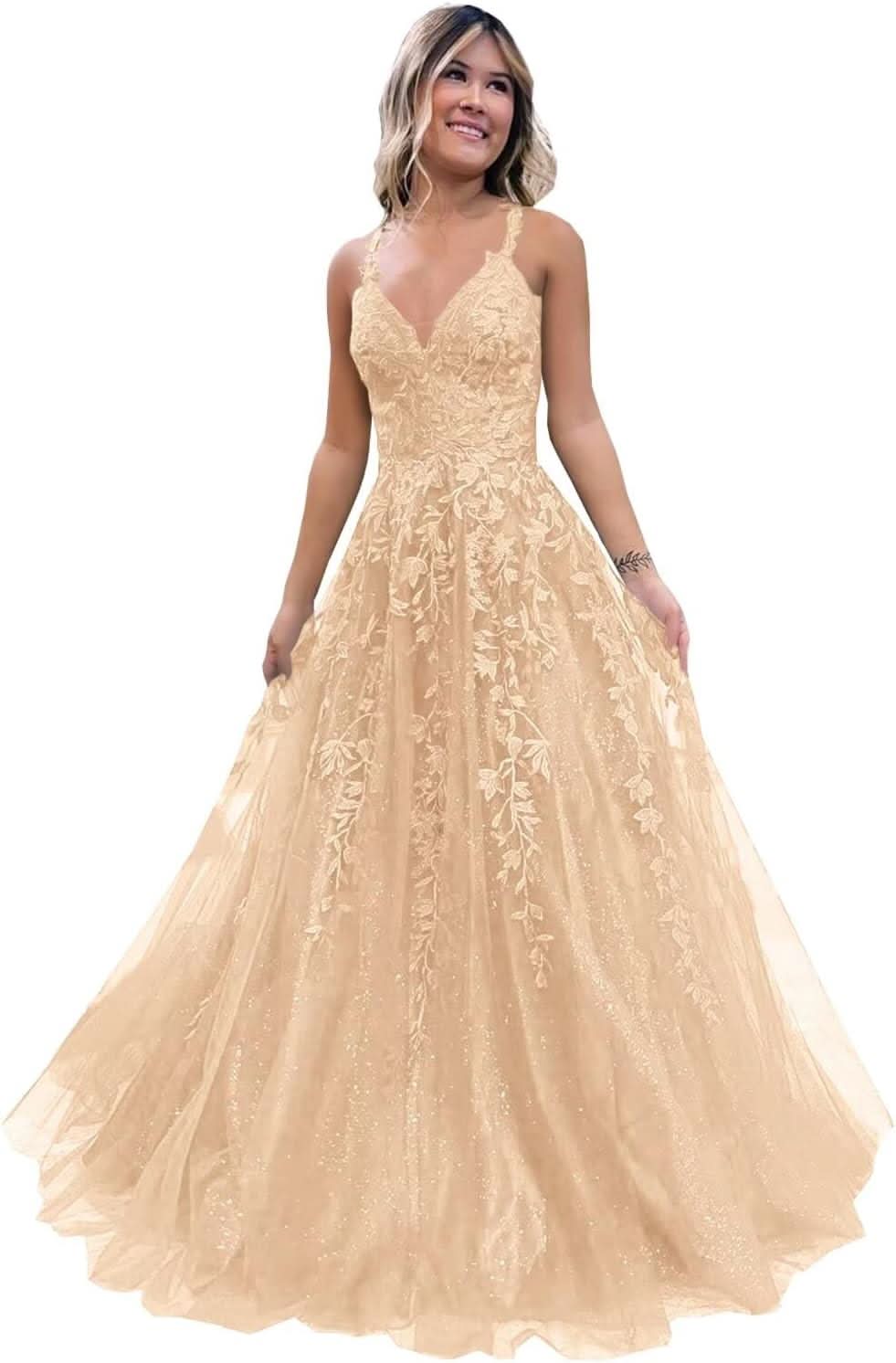 Tulle Lace Appliques Sparkly Prom Dresses A Line with Slit V Neck Formal Party Dress